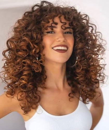 CoCrowns Curly Wig with Bangs for Black Women Long curly Shag Synthetic Hair Wigs Daily Use Cosplay 17 Inch (Ombre Brown)