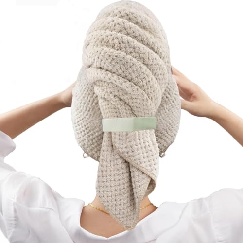 AquaFalcon Large Microfiber Hair Towel Wrap for Women Anti Frizz Hair Drying Towel with Elastic Strap Fast Dry | Super Absorbent | Quick Dry Hair Turban for Wet Curly Long & Thick Hair (Camel)