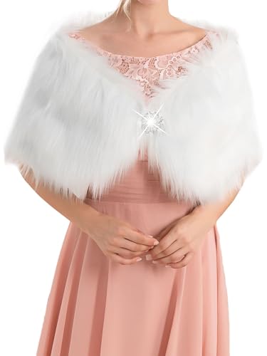 EASEDAILY Women's Faux Fur Shawls and Wraps Wedding Cape Stole Winter Cover Up with Brooch for Bride