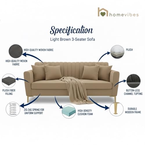 Image of 3 Seater Velum Fabric Sofa Set for Living Room, Modern Design with High Density Foam, Solid Wood Frame, Ergonomic Comfortable Seating for Home & Office (Light Brown, 3 Seater) | Soft foam comfort, Strong wood frame
