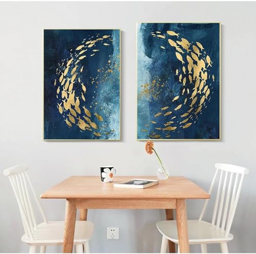 Cuadros dorados decorativos para sala de estar y pasillo en lienzo azul elegante 3