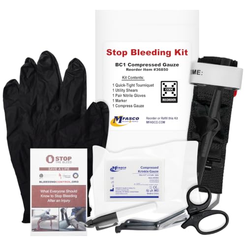 MFASCO Stop The Bleed Pack with Compressed Gauze - Compact & Lightweight - Includes a Tourniquet Black Nitrile Gloves & Essential Contents for Quick Emergency Bleeding Control