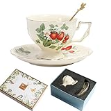 Juego de taza de té y platillo de porcelana, taza de café de cerámica de 250 ml con platillo y cuchara, taza de café vintage con ribete dorado y caja de regalo para mamá, mujer, día de la madre,