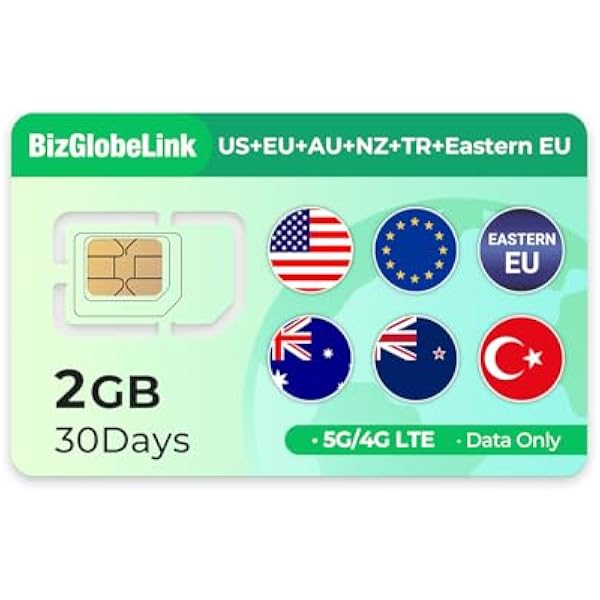 EIOTCLUB Dane podróżne SIM 2 GB na 30 dni w Turcji, Australii, Nowej Zelandii, Europie Wschodniej, USA i 33 krajach europejskich, 5G, do ładowania, bez umowy