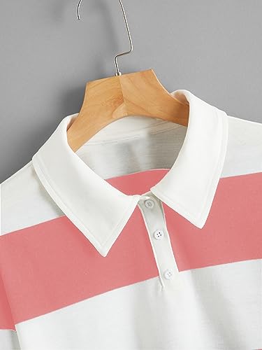 Sweatyrocks Women'S Long Sleeve T-Shirt Button Front Striped Polo Shirt Watermelon Pink M thumb #2