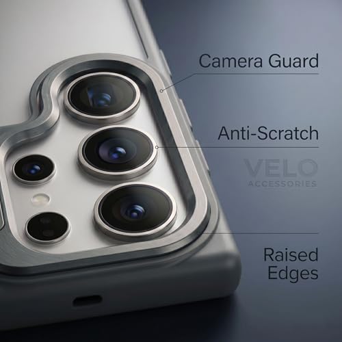 Image of amazon basics Frosted Matte Case for Samsung Galaxy S24 Ultra 5G | Built-in Flip-Out Camera Lens Stand | Translucent Back with Contrast Gray Bumper | Shockproof Protective Cover