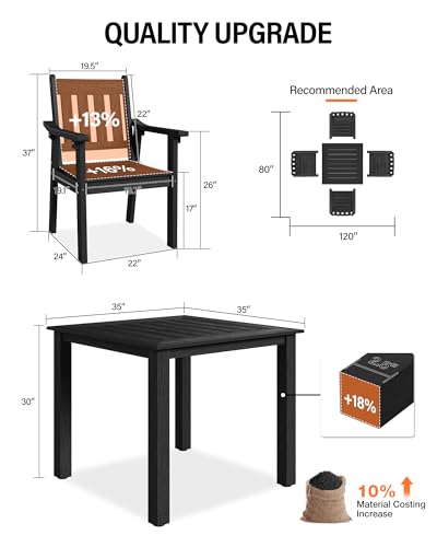 Image of YEFU HIPS Patio Table Set: 5 Piece Outdoor Square Table and Chairs with Metal Aluminum Frame - Black Modern Plastic Patio Dining Furniture Set 4 Person for Outside Deck