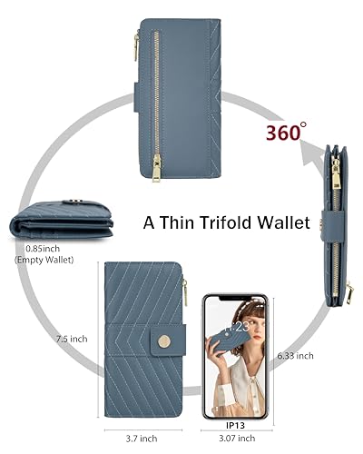 Image of Blue Women's Trifold Wallet,Large Capacity RFID Long Wallet | 16 Card Slots,2 ID Windows,4 Bill Compartments,Vegan Leather,Double Zipper Pockets,Large Capacity Organizer