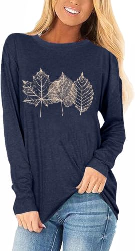 Women's Long Sleeve Fall Glitter Leaf T-Shirts Halloween Autumn Halloween Thanksgiving Graphic Tee Tops (2026-Navy,M)