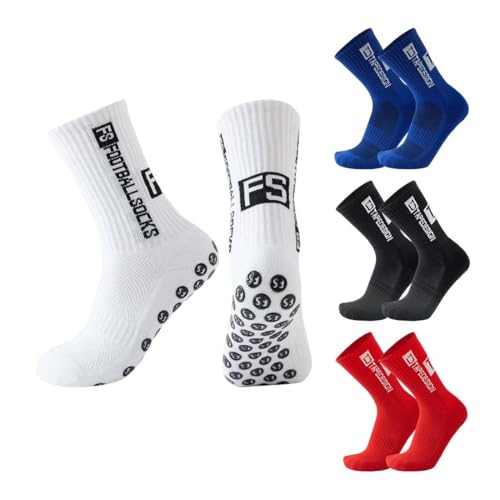 GNALIA Calcetines Antideslizantes Futbol 4 Pares, Colores Blanco Negro Azul Real Rojo Talla 33 39, Para Niños Deportivos