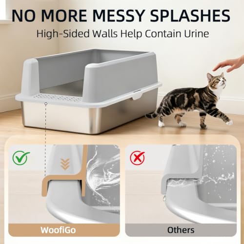 Image of XL Stainless Steel Cat Litter Box with High Sided Enclosure, Scoop & Mat