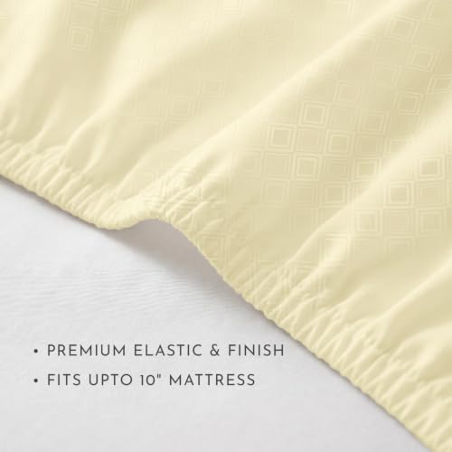 Image of Blue Dahlia 100% Cotton, King Size /Double, Elastic Fitted Bedsheet (72 inchx78 inch) + 2 Pillow Covers,Fits Upto 10 inch Mattress, 300TC Premium Bedsheet, Dazzling Diamond Jacquard - Ivory