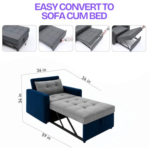 Image of SOCOZI Nestro 1 Seater Sofa Cum Bed for Bedroom | Soft Velvet Suede Fabric | Color Light Grey-Blue | Modern Design | Plush Comfort Cushions for Living Room