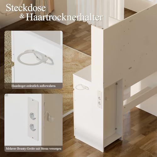 Coleshome Schminktisch mit Beleuchtung LED Spiegel und Steckdose, Kosmetiktisch mit Schubladen, Organizer und Regal, Moderner Frisiertisch für Schlafzimmer, Weiß 90x40x136cm