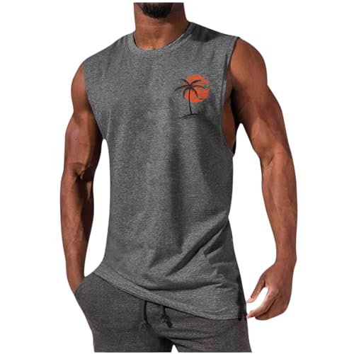 Image of Mens Summer Beach Tank Top Hawaiian Palm Tree Print Sleeveless Muscle Basic Tee Vacation Tops