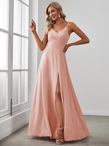 Image of Ever-Pretty Women's Summer Backless Spaghetti Straps Bridesmaid Dresses Chiffon V-Neck Slit Long Formal Wedding Guest Dress