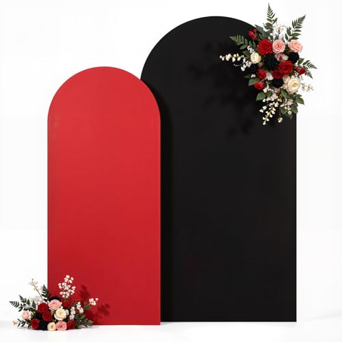 Image of Black Red Photo Arch Backdrop Cover Set of 2 Spandex 7.2 and 6ft Arch Covers Stretchy Backdrop Birthday Party Arch Stand Covers for Baby Shower Wedding Retirement Banquet Background Decorations