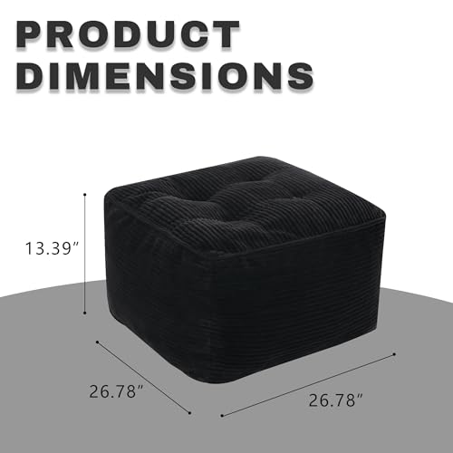 Image of Square Stuffed Pouf Ottoman, Corduroy Oversize Foot Rest,Black