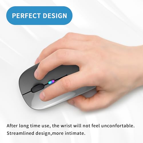 Image of Wireless Bluetooth Mouse, Rechargeable, LED, Silent, Ultra-thin Design (Bluetooth 5.2 and 2.4GHz USB Receiver) | Portable Computer Mouse for Laptops, iPads, MacBooks and Apple Devices (Grey)