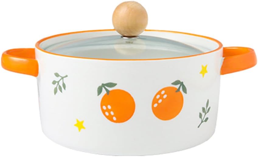 Dxcaicc Lasagne Dish Ceramics Round Creative Fresh Fruit Pattern Double-Handled with Lid Soup Pot on Birthday Wedding Parties Christmas New Year's Day,Orange