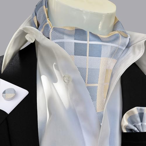 Image of DiBanGu 3PCS Ascot Ties for Men Wedding Jacquard Woven Silk Ascot Cravat for Men Cravat Tie and Pocket Square Set