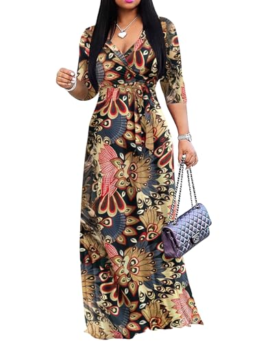 Image of Yajedo Womens Casual Summer Maxi Dress Plus Size Sexy Wrap V Neck 3 /4 Sleeve Sundress with Pockets