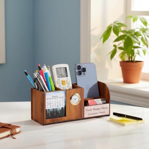 Image of Deskart Personalized Pen Holder Stand with Clock, Two Years Calendar, Business Visiting Card & Mobile Holder | Multipurpose Desk Organizer with Name Engraving for Office Desk and Gifting