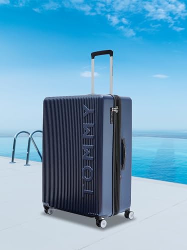 Image of Tommy Hilfiger Medium Hard Luggage Empire X - Navy | Check-in Trolley Bag with TSA Lock | 360 Spinner Double Wheels | Telescopic Handle | Polycarbonate Shell Suitcase | 68cm | 63L Capacity