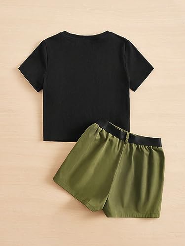 Image of SHENHE Girl's 2 Piece Outfits Short Sleeve Graphic Tee and Belted Cargo Shorts Set Green and Black 9Y