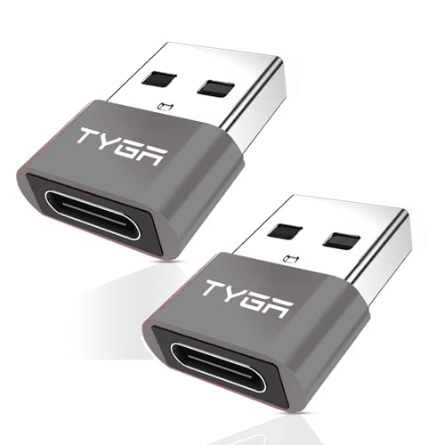 TYGA USB C to USB A Adaptor 2.0 - USB C Female to USB A Male Connector for Charging & Data Transfer, Plug-and-Play, Durable Aluminum Housing, Portable Converter for Android & IOS Devices - 2 Gray