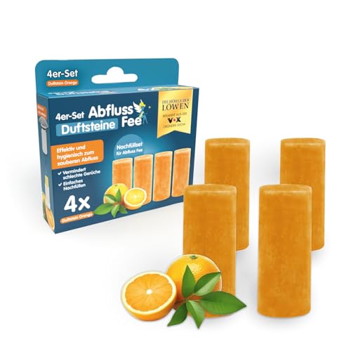 Abflussfee 4er Nachfüll-Set für Abflussfee Waschbeckenstöpsel | Reinigungssteine für Abflüsse jeder Art Abflussreiniger | inkl. Frische Duft [Orange Aroma orange]