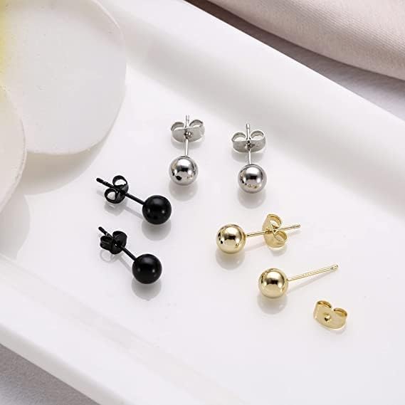 DI QIU REN Jewellery Findings 14K Gold Plated Ball Stud Earrings Set and Cubic Zirconia Stud,925 Silver Stud Earrings and Black Studs Earrings Pack for Women and Men