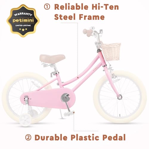 Image of Petimini Vintage Kids Bike for Girls, 12-20 Inch Classic Bicycle with Wicker Basket & Bell, High Tensile Steel Frame, Training Wheels (12-18 inch), 85% Pre-Assembled, Retro Bike for Outdoor Riding