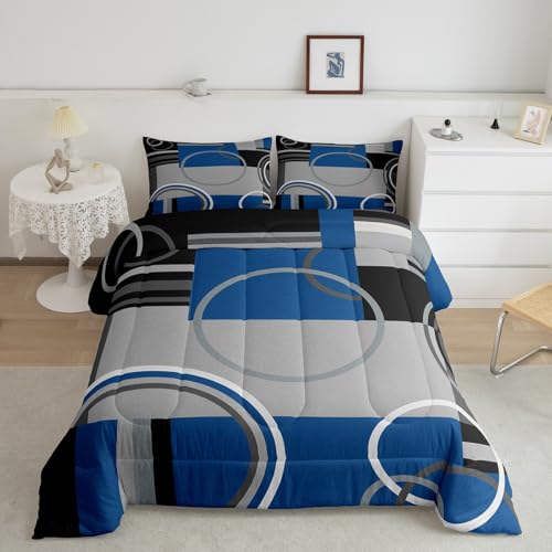 Abstract Circles Comforter Set Queen Modern Blue Black Grey Bedding Geometry Checkered Swirls Quilt Set Geometric Striped Duvet Insert Curved Lines Down Comforter Modern Creative Quilted Comforter