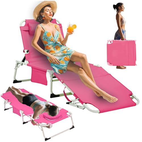 3-in-1 Heavy Duty Tanning Chair with Face Hole Adjustable 5-Position Folding Chaise Lounge Chairs Portable Lay Flat Beach Lounge Chair for Outdoor Sunbathing Patio Pool Lawn Camping Deck (Pink)
