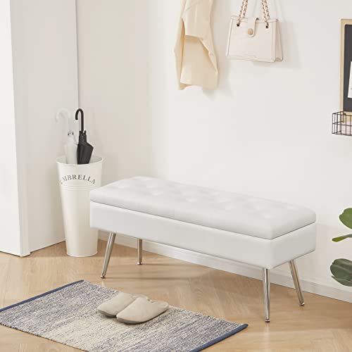Gitrah Storage Bench Modern Entryway Bench End Of Bed Bench Ottoman Upholstered Pu Leather Bedroom Benches For Foot Of Bed Tufted Bench Footrest Stool With Metal Legs 40" White #TOP3