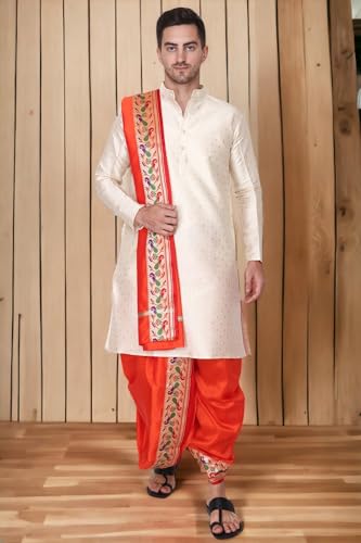 Image of Rameshwaram Fabrics Mens Ready to Wear Silk Dhoti with Angwastra Set - Pocket Dhothi