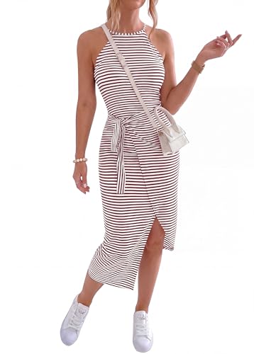 Image of NOLLSOM Women Casual Sleeveless Striped Tank Midi Dresses Halter Neck Ruched Bodycon Dresses Tie Waist T Shirt Summer Dress