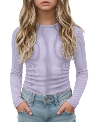 Yooo's Vivi Girls Ribbed Knit Long Sleeve Tops, Light Purple, 11-12 Years