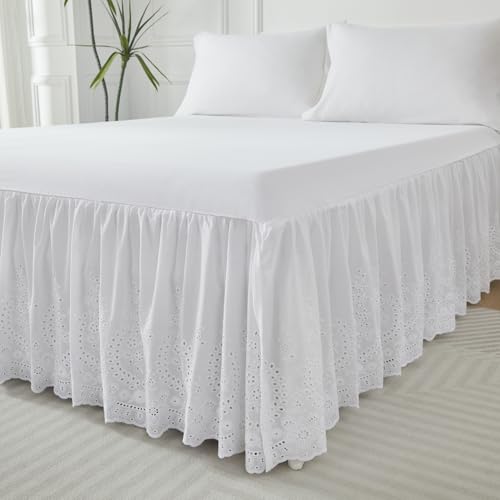 Brandream White Eyelet Bed Skirt King Size 100% Cotton Ruffled Dust Ruffle Bed Skirt 18 Inch Drop with Embroidered Floral Design Queen Size Beds