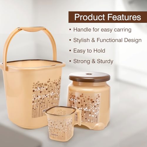 Image of Nayasa Square Ring Funk Plastic Bathroom Bucket Set with Mug & Stool | 18 Liters Bucket + 1.5 Liters Mug | Set of 3 | Brown