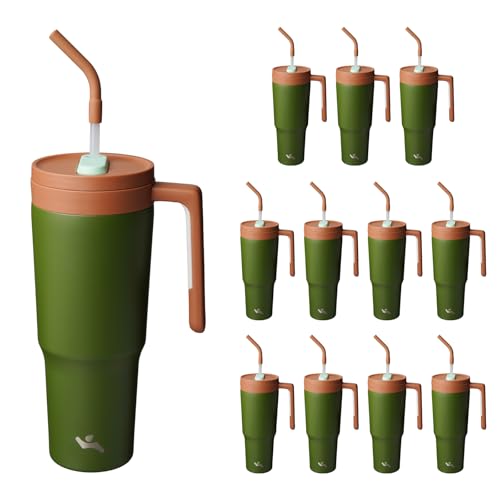 Image of Konokyo 12 Pack 40 Oz Tumblers with Handle and Straw, Bulk Vacuum Insulated Stainless Steel Travel Mugs with Lids for Office, Events and Group Orders Forest Green
