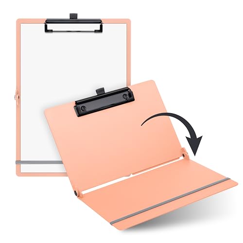 SAX Faltbares Klemmbrett, Grapefruit, Clipboard, A4 auf A5, hoch- und Querformat, ideal für Reisen und Business, für 30 Blatt, inkl. elastischem Verschlussband und Stiftschlaufe, langlebig & stoßfest