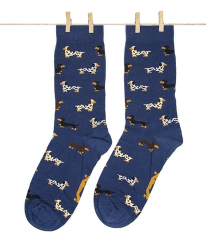 Roits Calcetines Perros Salchicha Azules Hombre y Mujer - Calcetines de Dibujos Originales Divertidos Estampados Regalo Perritos Teckels Colores Molones Accesorios (36-40)