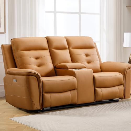 Image of ANJ Power Reclining Loveseat Sofa with USB Charging Port, Breathable Faux Leather 2-Seater Electric Recliner Couch with Cup Holders & Storage Console for Living Room, Yellow