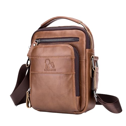 pundarika Bolso de hombro de piel auténtica para hombre, bolsas de hombre pequeñas para hombre, bolso cruzado, bolsa de mensajero, correa de hombro ajustable.Marrón