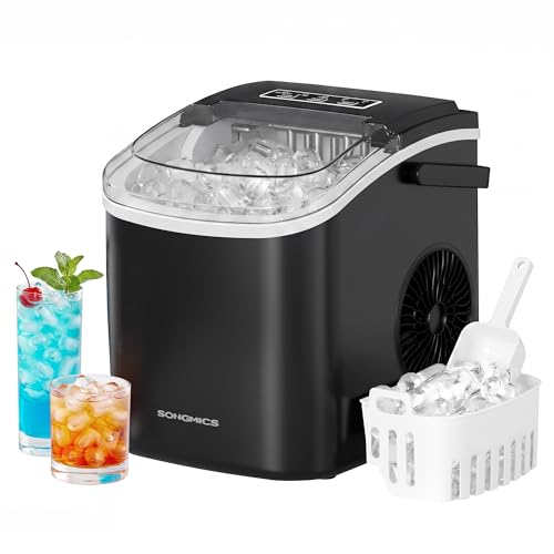SONGMICS Máquina de Hielo, Máquina de Cubitos Autolimpiante, 9 Cubitos en 6 Minutos en 2 Tamaños, 12 kg en 24 Horas, Portátil, Casa, Cocina, Oficina, Fiestas Camping, Negro Tinta XZB001B1EU
