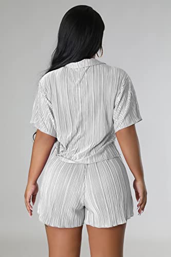 Fastkoala Short Sets Women 2 Piece Outfits Vacation Pleated Button Down Shirts Drawstring Shorts Set Loungewear White L #TOP4