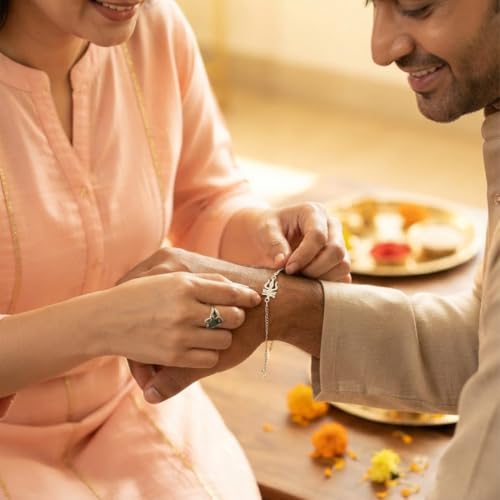 Image of Parnika 925 Pure 92.5 Sterling Silver Om Trishul Tripund Rudraksh Rakhi Bracelet for Brother | Hallmarked Silver Raksha Bandhan Rakhi | Premium Adjustable Rakhi Gift