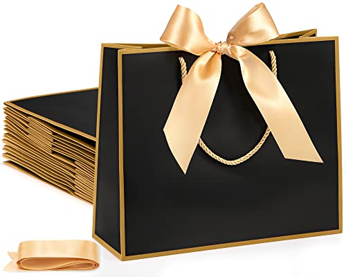 Silkfly 12 Pcs Gift Bags with Handles for Bridesmaid, 12x10x4'' Wedding Welcome Elegant Gift Bags with Bow Ribbon for Graduation Groomsmen Women Baby Shower Birthday Housewarming (Orange,Gold)
